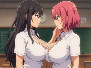 Deux nanas en cosplay se caressent dans une salle