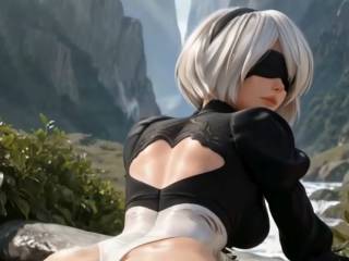 Yorha 2B remue ses grosses fesses en string par IA