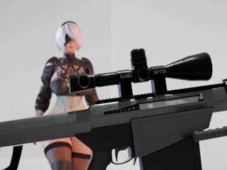 Yorah 2B fait du tir en string dans Nier: Automata