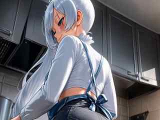 Elle remue ses grosses fesses dans la cuisine par IA