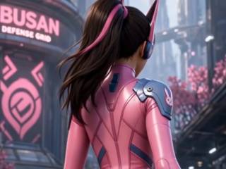 D.Va dans sa combinaison rose moulante par IA